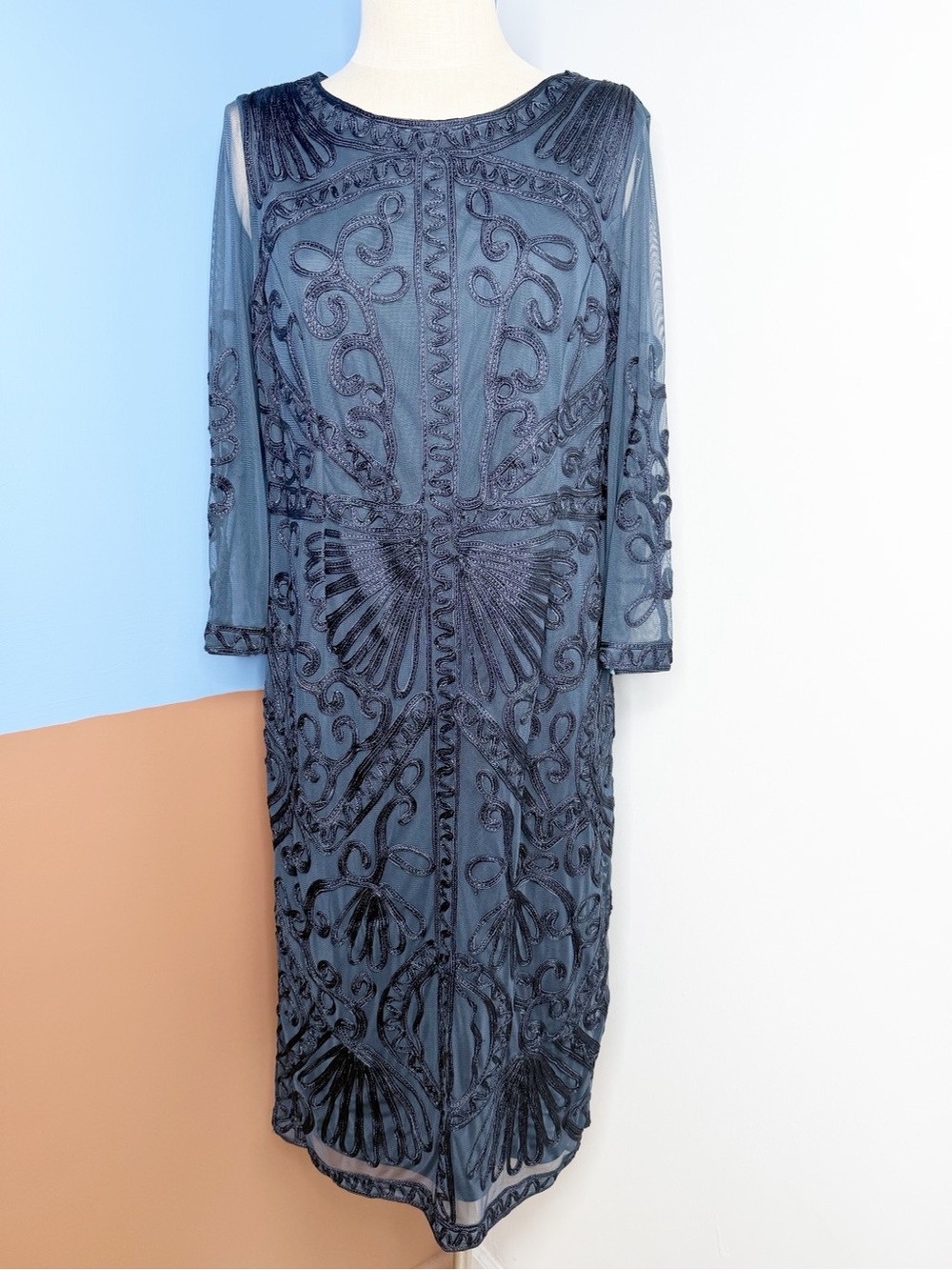 JS Collections Women's Embroidered Midi Sheath Dress‎ Navy Blue Size 14